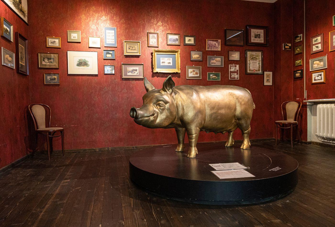 Eine große Bronzestatue in Form eines Schweins steht auf einem runden Podest in einem Raum. An den Wänden hängen viele Bilderrahmen
