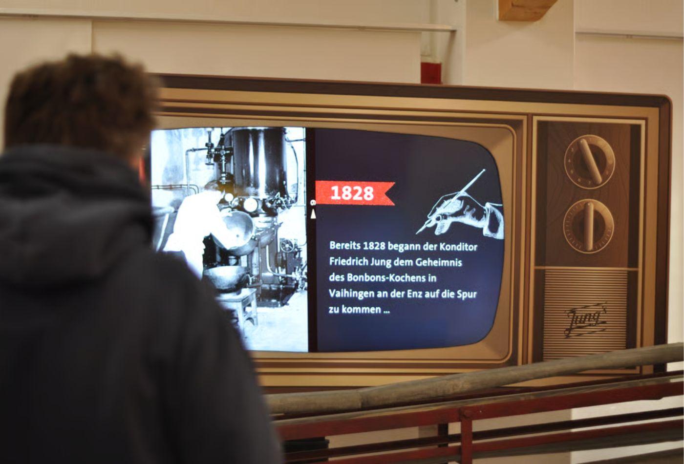 Vor einem alten Fernseher steht eine Person, die dem Betrachter den Rücken zugewandt hat. Auf dem Fernsehmonitor stehen Informationen zur Geschichte des Bonbon-Museums