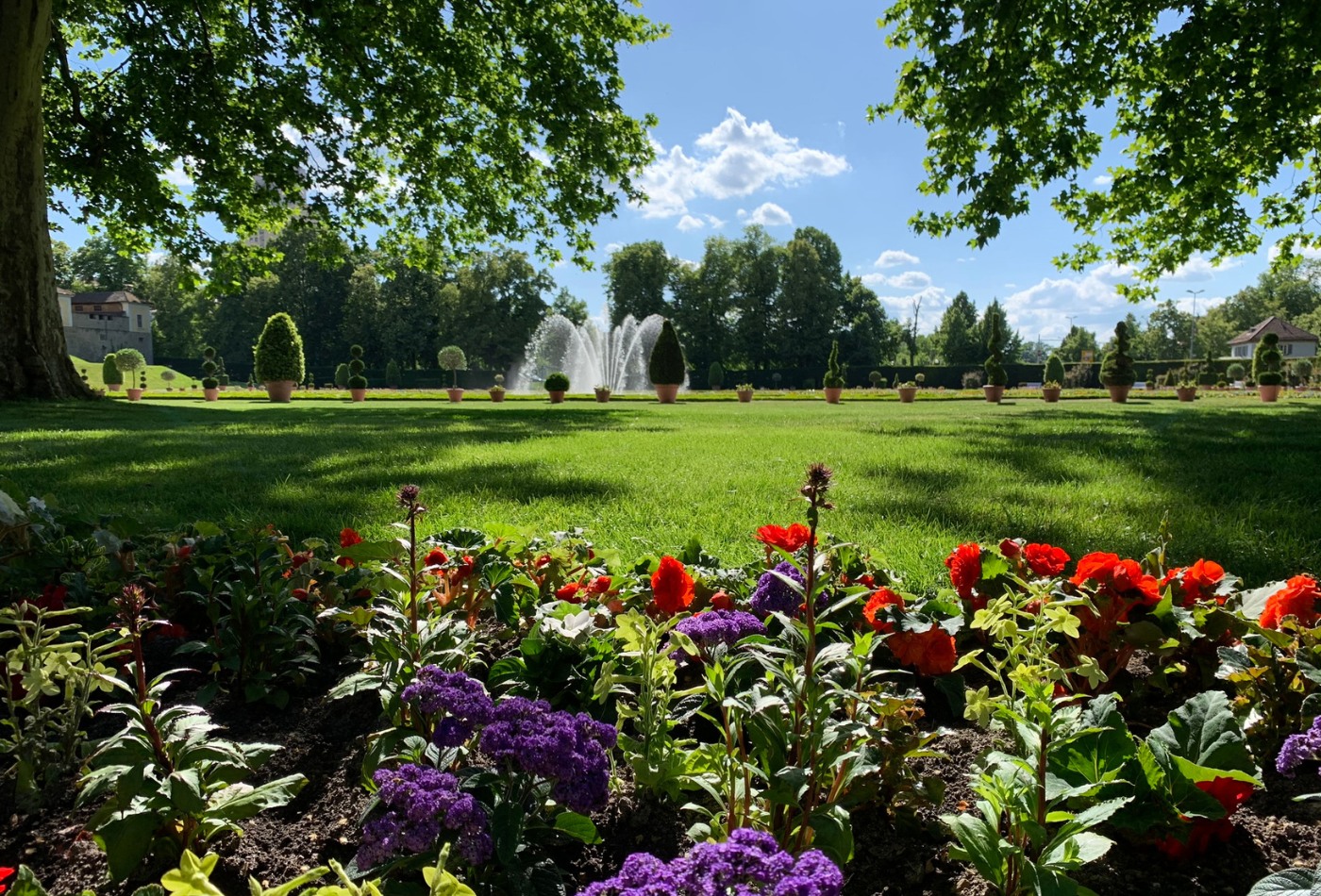 ein Blumenbeet im Vordergrund, dahinter eine schattige Wiese und in der Ferne ein Springbrunnen
