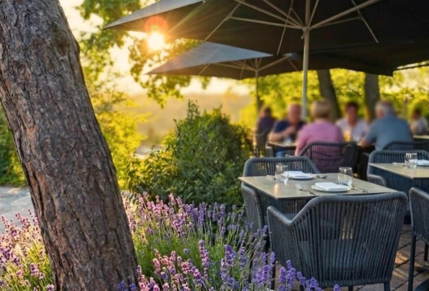 Blick auf eine in abendliches Licht getauchte Terrasse eines Restaurants, Menschen sitzen an Tischen unter Sonnenschirmen, im Vordergrund blüht Lavendeln 