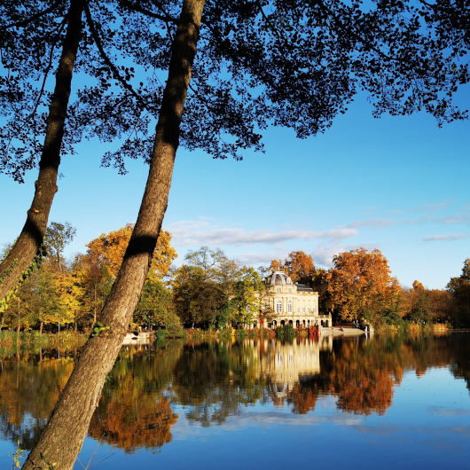 Zu sehen ist ein See und im Hintergrund das Seeschloss Monrepos.