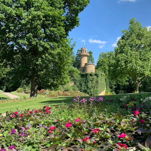 Ein Blumenbeet im Vordergrund und Emichsburg im Hintergrund,