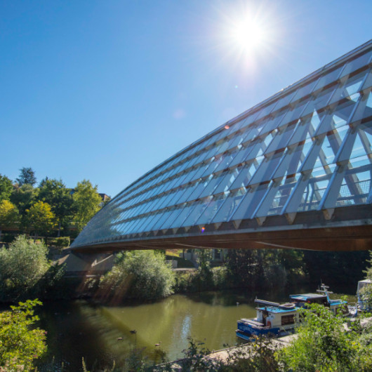 Futuristische Brücke über dem Neckar.
