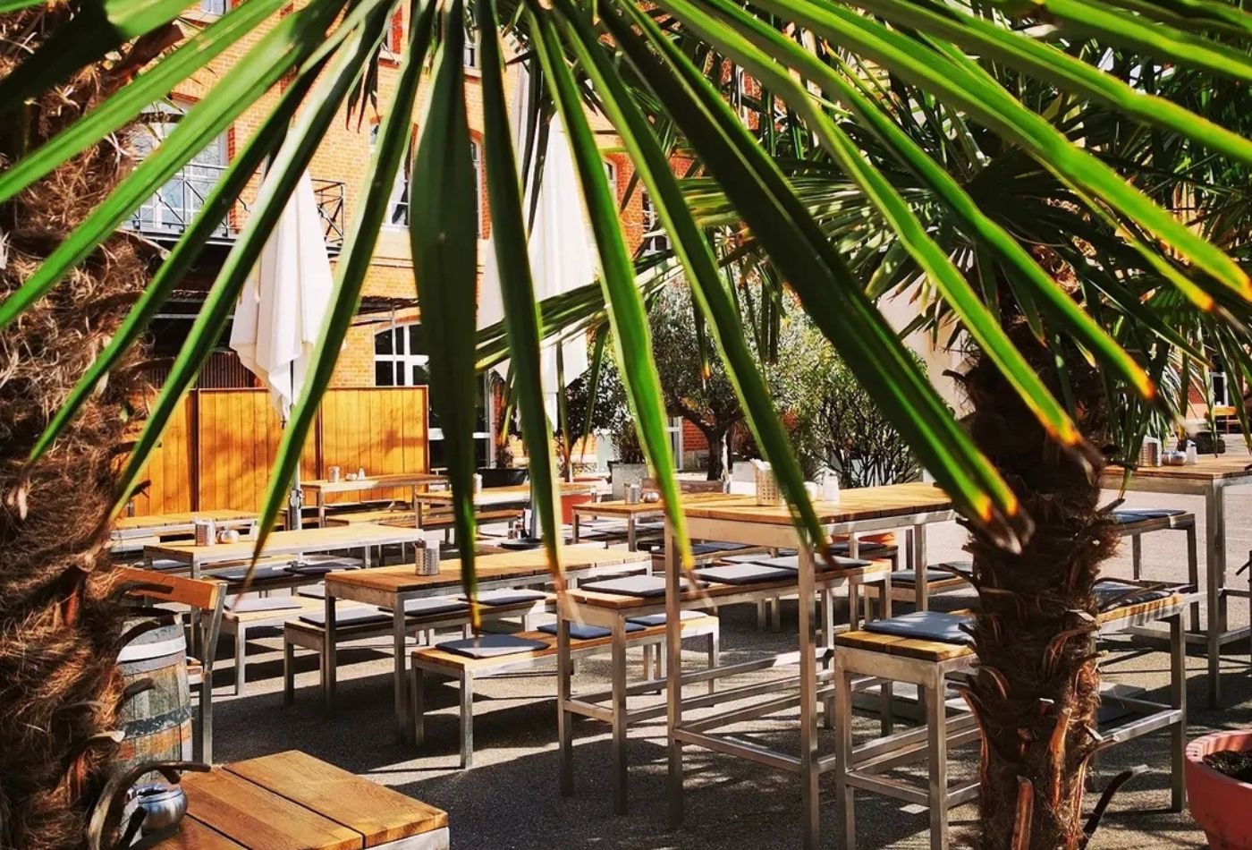 Durch Palmenblätter blickt man auf eine Terrasse mit Tischen und Stühlen