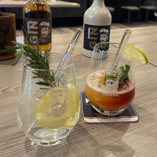 Zwei dekorativ angerichtete Drinks stehen auf einem Holztisch, im Hintergrund zwei Gin-Flaschen
