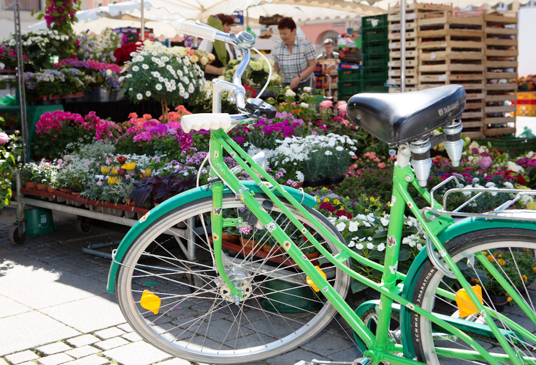 Ein grünes Fahrrad steht vor einem Blumenstand.