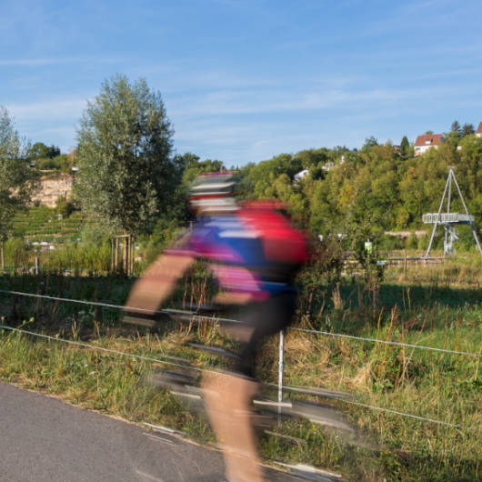 Ein verschwommener Radfahrer mit einem rot-blauen Trikot auf einem Fahrradweg.