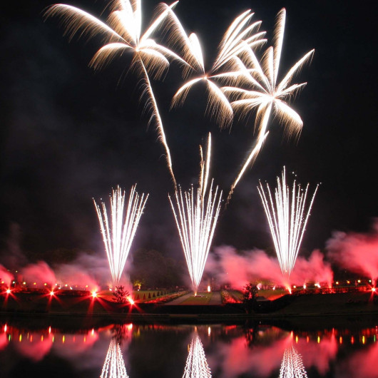 Bild eines Feuerwerks, das sich im Wasser spiegelt