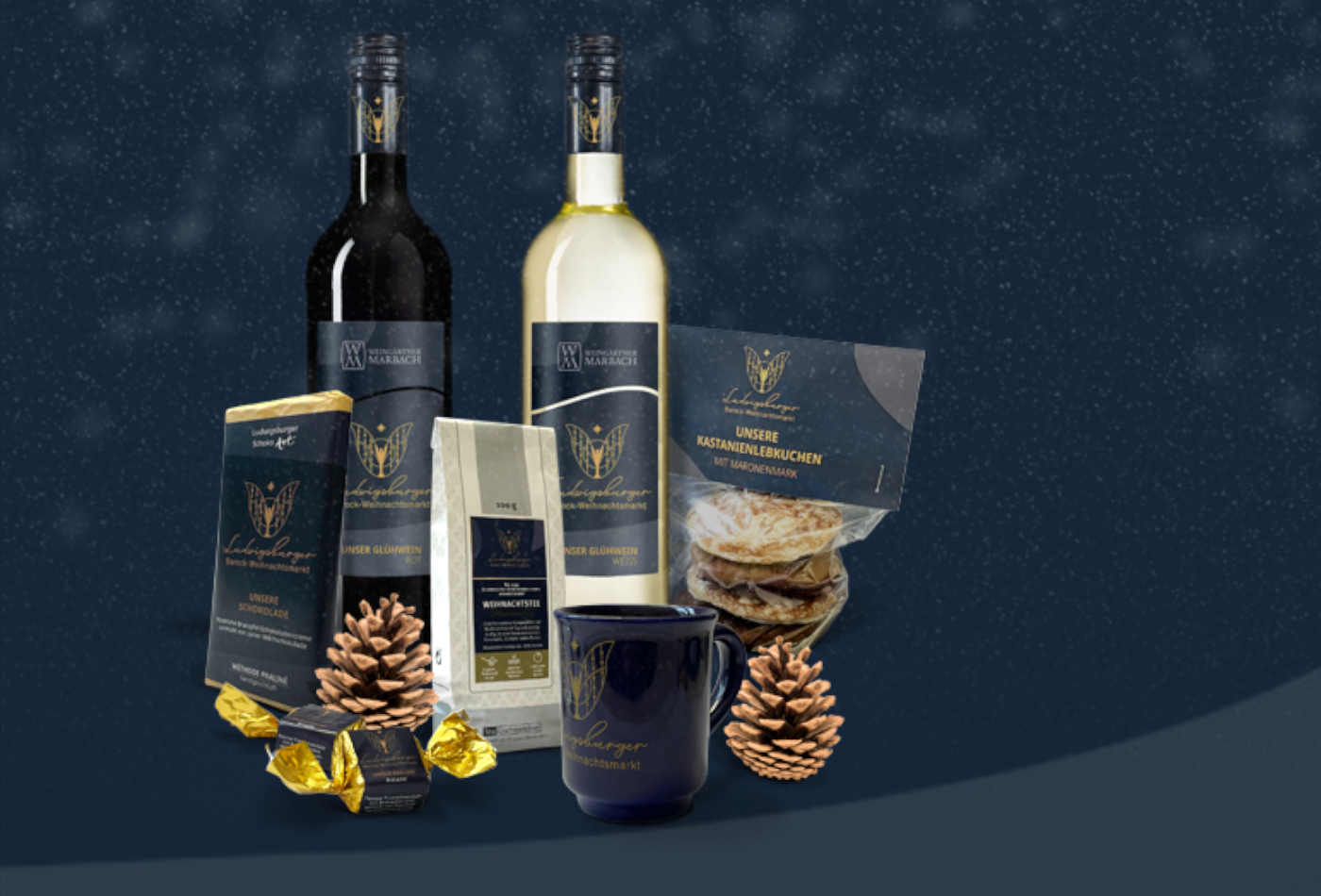 Produkte der neuen Ludwigsburger Barock-Weihnachtsmarkt Marke Produkte der Ludwigsburger Barock-Weihnachstmarkt Marke (Tee, Glühwein, Schokolade, Lebkuchen und Tasse)