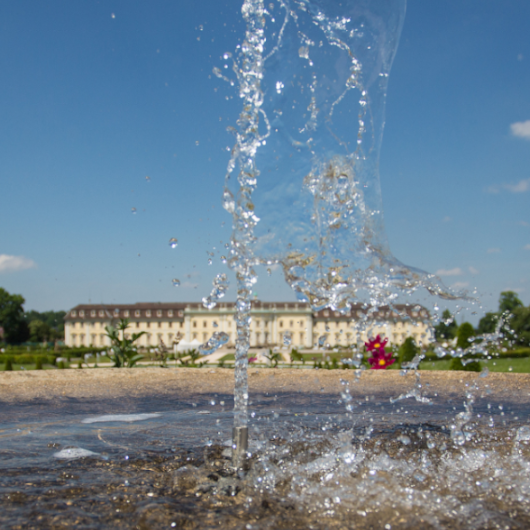 Zu sehen ist ein Wasserspiel des Schlossgartensees.