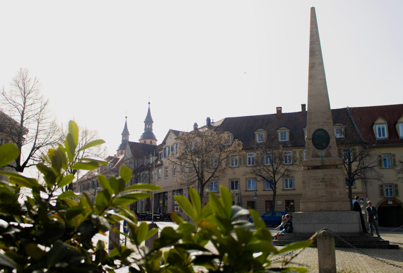 Obelisk am Holzmarkt mit Pflanzen im Vordergrund und Kirchtürmen im Hintergrund.