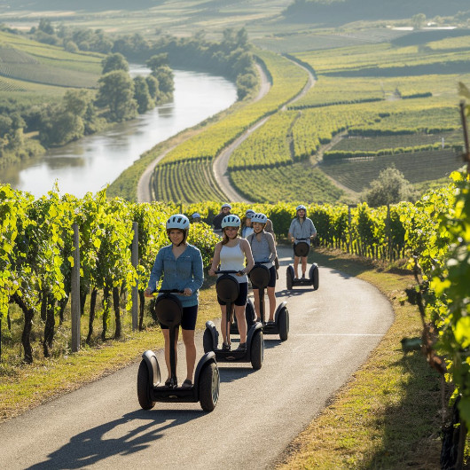 Vier Menschen fahren auf Segways durch die Weinberge